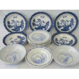 A quantity of blue and white ceramics including; five Booths 'Real Old Willow' dishes,