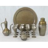 A Persian influence tea service complete with teapot, mixer, tray and 12 goblets. 16 items.