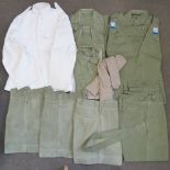 A quantity of Khaki tropical clothing Singapore c1950-60s including trousers, shorts, tunic, shirts,