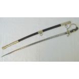 A German fire Officials sword having engraved blade and leather scabbard with nickel mounts,