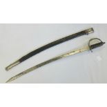 A 19th century Indian Cavalry sword, wire bound grip, engraved curved blade approx 77cm in length,