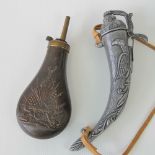 A copper and brass powder flask complete