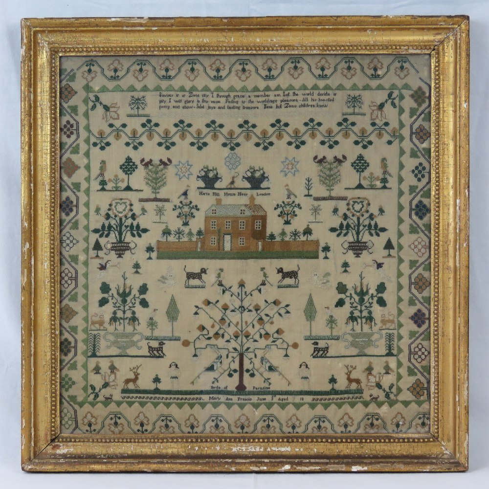 An early 19th century needlework sampler having geometric floral design and featuring Horse Hill