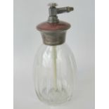 A Sterling silver, guilloche enamel and cut glass perfume bottle, atomiser deficient,