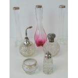 A quantity of assorted HM silver items; a cranberry glass vase with silver collar,