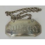 A Georgian HM silver 'Sherry' decanter tag of octagonal form, complete with chain,