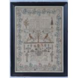 An early 19th century needlework sampler having geometric design with birds and trees throughout,