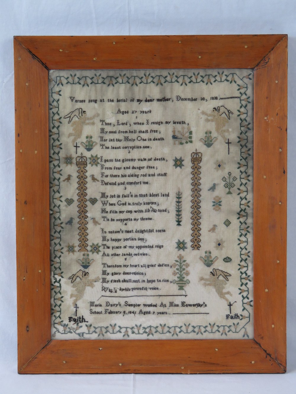 An early 19th century needlework sampler with five verse poem 'Thou Lord when i resign my breath'