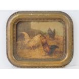 Oilagraph; chickens on straw, within attractive square shaped rounded and beaded frame.