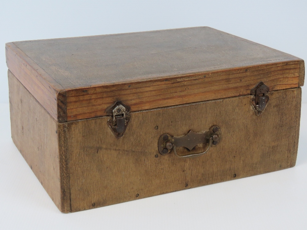 A vintage French wooden fishing tackle box with brass carry handle. - Image 4 of 4