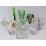 A quantity of assorted vintage glassware including a smoky glass vase, perfume bottle,
