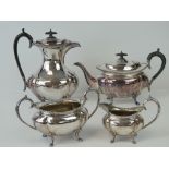 A silver plated tea service comprising; hot water pot, tea pot, cream jug and sugar bowl.