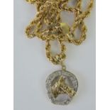 A diamond encrusted horse head and horse shoe pendant, on a 9ct gold rope chain, chain 48cm long,