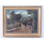 Oil on board; 19th century study of an inn, road beside with sign, trees and sky beyond etc,