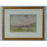 Watercolour; sheep in grassland, mountains in distance, signed lower right, framed and mounted,