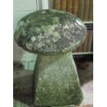 An original antique staddle stone comprising circular top 49cm dia, upon tapering quatreform base,