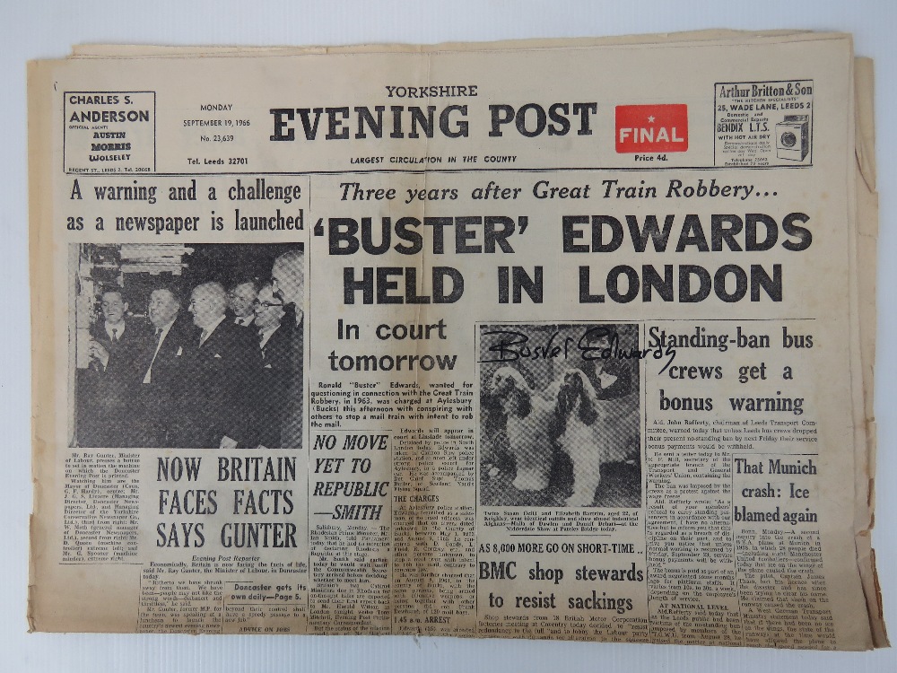 Buster Edwards. Great Train Robber. An Original copy of the Yorkshire evening post dated September