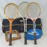 A vintage Slazenger tennis racket bag complete with wooden Slazenger 'Manuel Orantes' racket,