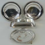 A quantity of silver plated items including; a pair of low tazzas having beaded rim, 24cm dia,