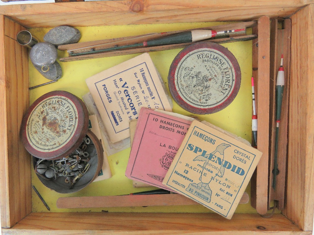 A vintage French wooden fishing tackle box with brass carry handle. - Image 2 of 4