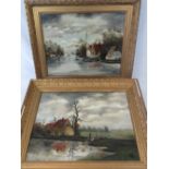 Dutch School. Early 20th C Oils on canvas. River with houses and trees beyond.