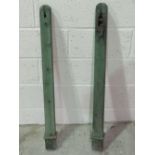 A pair of vintage wooden tennis net posts complete with hand wound integral tensioner, 105cm high.