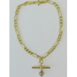 A 9ct gold bracelet with T-bar and diamond set heart pendant, fancy flattened curb link chain,