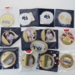 A quantity of twelve large contemporary collectable medallions, silver and gold plate on copper,