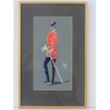 A naive 20th century watercolour study of a Victorian officer in red tunic and white gloves with