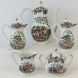 A Myotts 'Country Life' hunting-themed 5-part tea service comprising teapot, hot water pots,