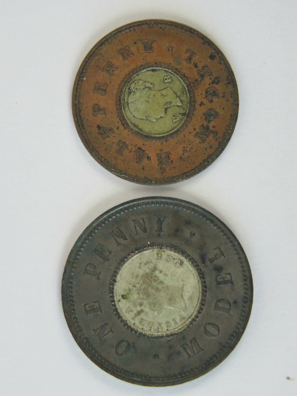 An 1848 Victoria Model 1/2p, and an 1848 Model 1p. Two items.