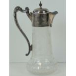 A etched glass and HM silver claret jug, the silver top with lid,