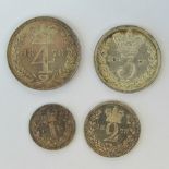 A full set of Victoria 'Young Head' Maundy Money dated 1878 and comprising 4p, 3p, 2p and 1p coins.