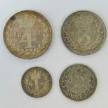 A full set of Victoria 'Young Head' Maundy Money dated 1881 and comprising 4p, 3p, 2p and 1p coins.