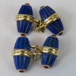 A pair of 14ct gold and lapis lazuli cufflinks, stamped 14k.