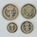 A full set of Edward VII Maundy Money dated 1908 and comprising 4p, 3p, 2p and 1p coins.