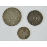 A three piece set (one coin deficient from full set) of Charles II Maundy Money dated 1673 and