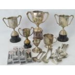 A quantity of assorted plated wares, including trophies, tankard, spoons etc.