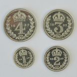 A full set of George VI First Type Maundy Money dated 1937 and comprising 4p, 3p, 2p and 1p coins.