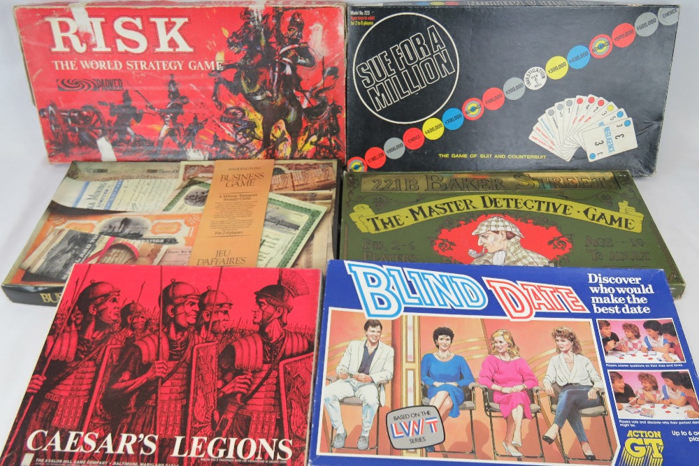 Vintage boardgames; '221B Baker Street' by Gibson Games, 'Sue for a Million' by Laurad Games,