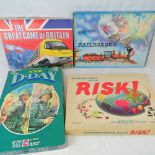 Vintage boardgames; 'Railroader' and 'Risk' by Waddingtons, 'Action D-Day' by A-Toys,