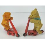 Two vintage tin plate clockwork wind up scooter riding teddy bears, unbranded. c1940-50s.