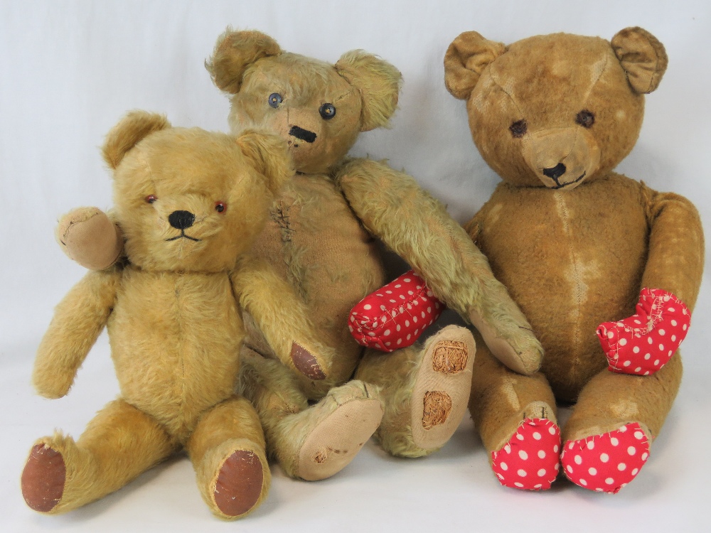 Three vintage teddy bears, two being mohair and jointed. Tallest approx 60cm.