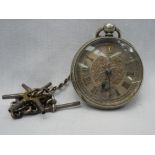 A white metal pocket watch made by Swiss
