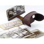 AN ANTIQUE STEREOSCOPIC VIEWER AND A COLLECTION CARDS WORLD TRAVELS, USA AND THE MIDDLE EAST.