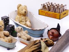 A VINATGE KALEIDOSCOPE, THREE VINTAGE TOY DOLL TIN BATHS, THREE TEDDY BEARS, LARGE GAMING DICE,