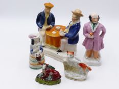 A 19TH CENTURY STAFFORDSHIRE POTTERY FIGURE GROUP OF CARD PLAYERS, ANOTHER OF A STANDING GENTLEMAN