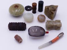 A COLLECTION OF CHINESE ARCHAISTIC JADE AND OTHER ARTIFACTS. JADE OPIUM PIPE BOWL, A JADE,CORAL &