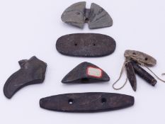 A GROUP OF NATIVE AMERIAN INDIAN ARTEFACTS:- A TOBACCO POUCH DECORATED WITH YELLOWHAMMER BIRD