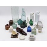 A COLLECTION OF 19TH CENTURY AND LATER POTTERY AND GLASS INK BOTTLES, MEDICINE JARS, EYE BATHS,